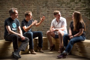 Roland Lamb, founder and CEO of ROLI (third from left), chats with Angus Hewlett, Skot McDonald, and Rhiannon Bankston-Thomas, the founders of FXpansion and new ROLI team members.